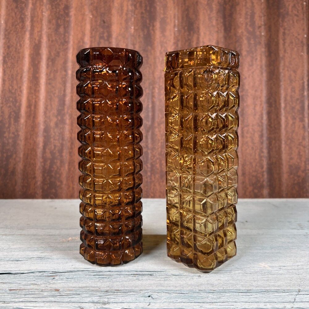 Vintage Mid Century Amber Glass Vases Pair Brutalist Geometric Textured MCM 70s